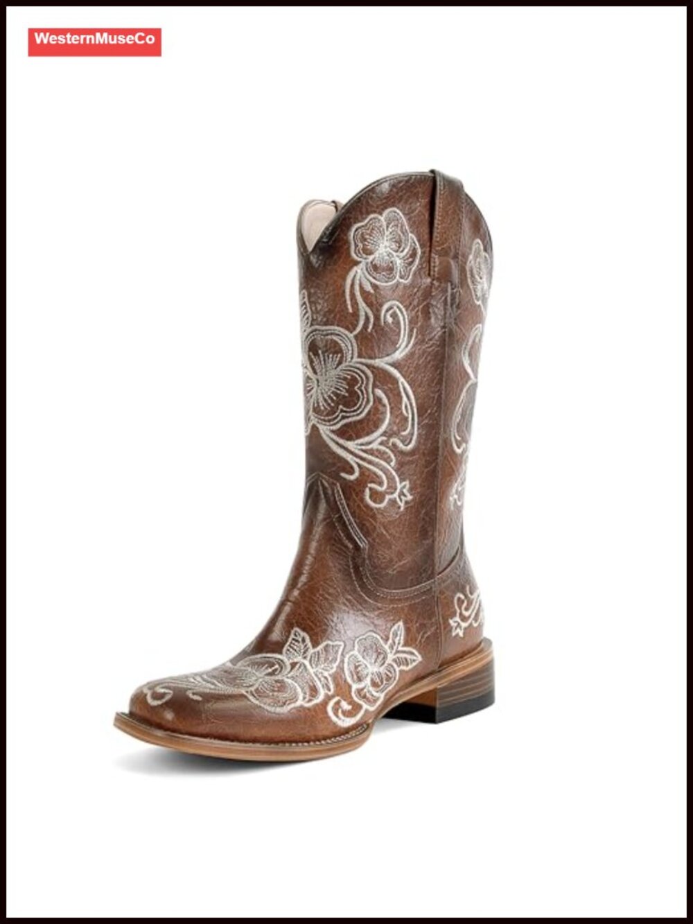 Floral Embroidered Western Boots Chunky Heel Mid Calf Square Toe Leather